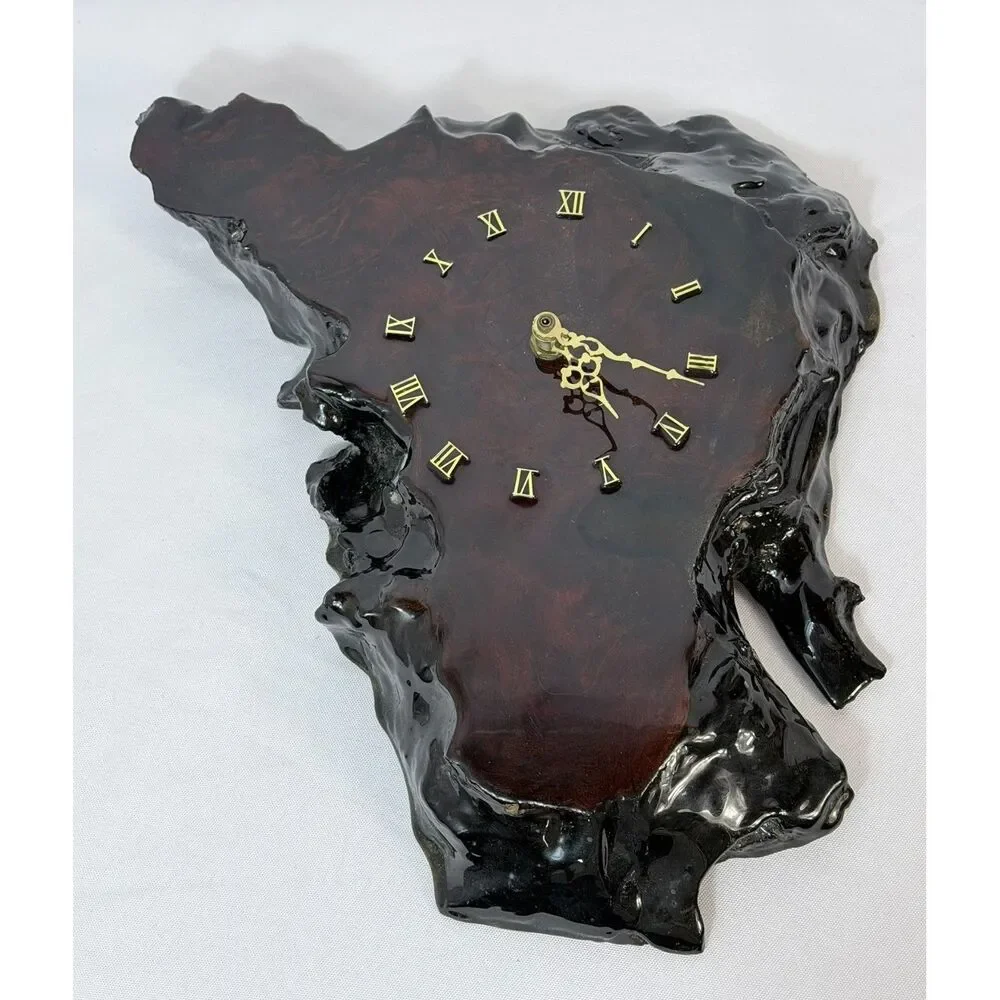 VTG Burl Wood Live Edge Rustic Epoxy Wall Clock Handcrafted 1980s Tested Works